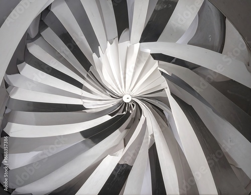 Abstract circular design of radiating white and dark gray blades