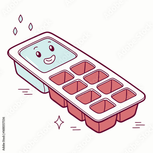 Cute happy cartoon ice cube tray with water in one section and empty compartments ready for freezing