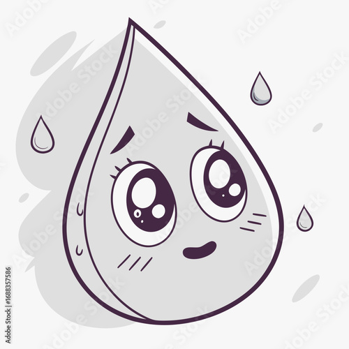 Cute kawaii water drop character with big eyes looking up with a shy expression and sweat droplets around it