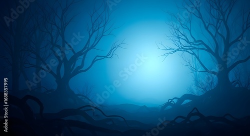 Fototapeta Naklejka Na Ścianę i Meble -  Eerie, dark forest at night with glowing blue mist and silhouetted gnarled trees, creating a mysterious and spooky atmosphere for halloween or horror themes