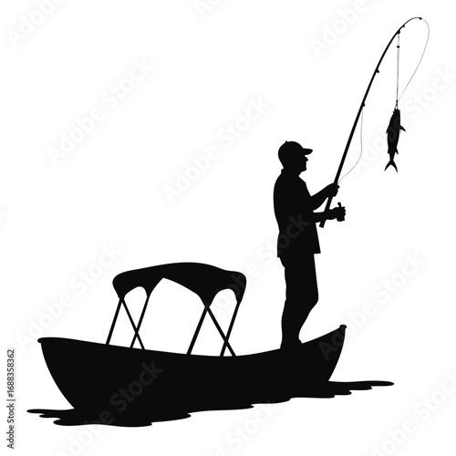 Fisherman reeling in catch from boat silhouette fishing