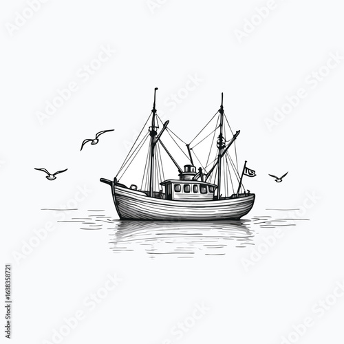 Fishing boat sailing on calm water with seagulls ship