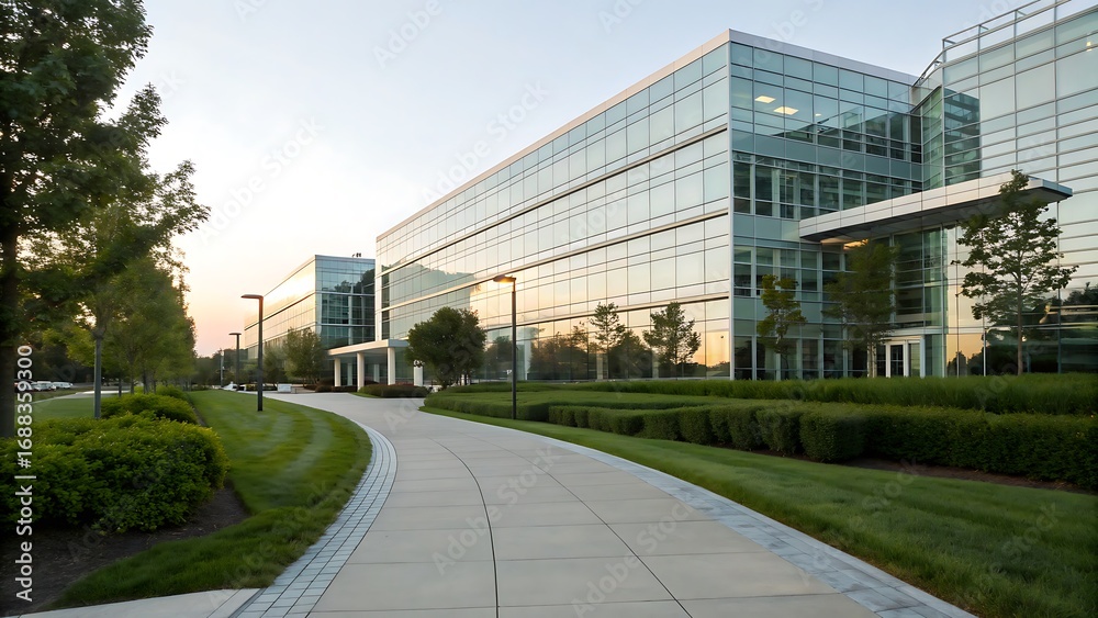 Fototapeta premium Modern Office Building with Glass Facade and Landscaped Walkway in Business District