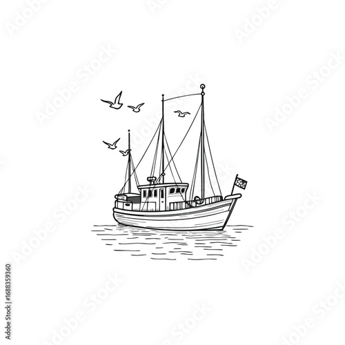 Fishing trawler sailing on water with seagulls fishing boat