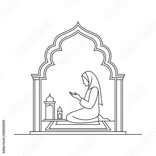 Woman in hijab praying devoutly inside an ornate islamic archway