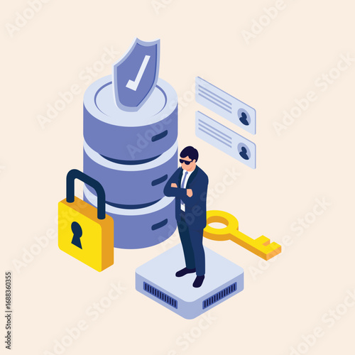 Isometric illustration depicting a security administrator guarding a protected server database, symbolizing cybersecurity, data privacy, and access control with a lock and key
