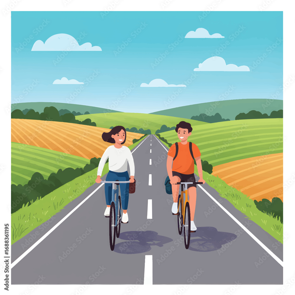 Obraz premium Couple cycling on a scenic country road surrounded by fields.