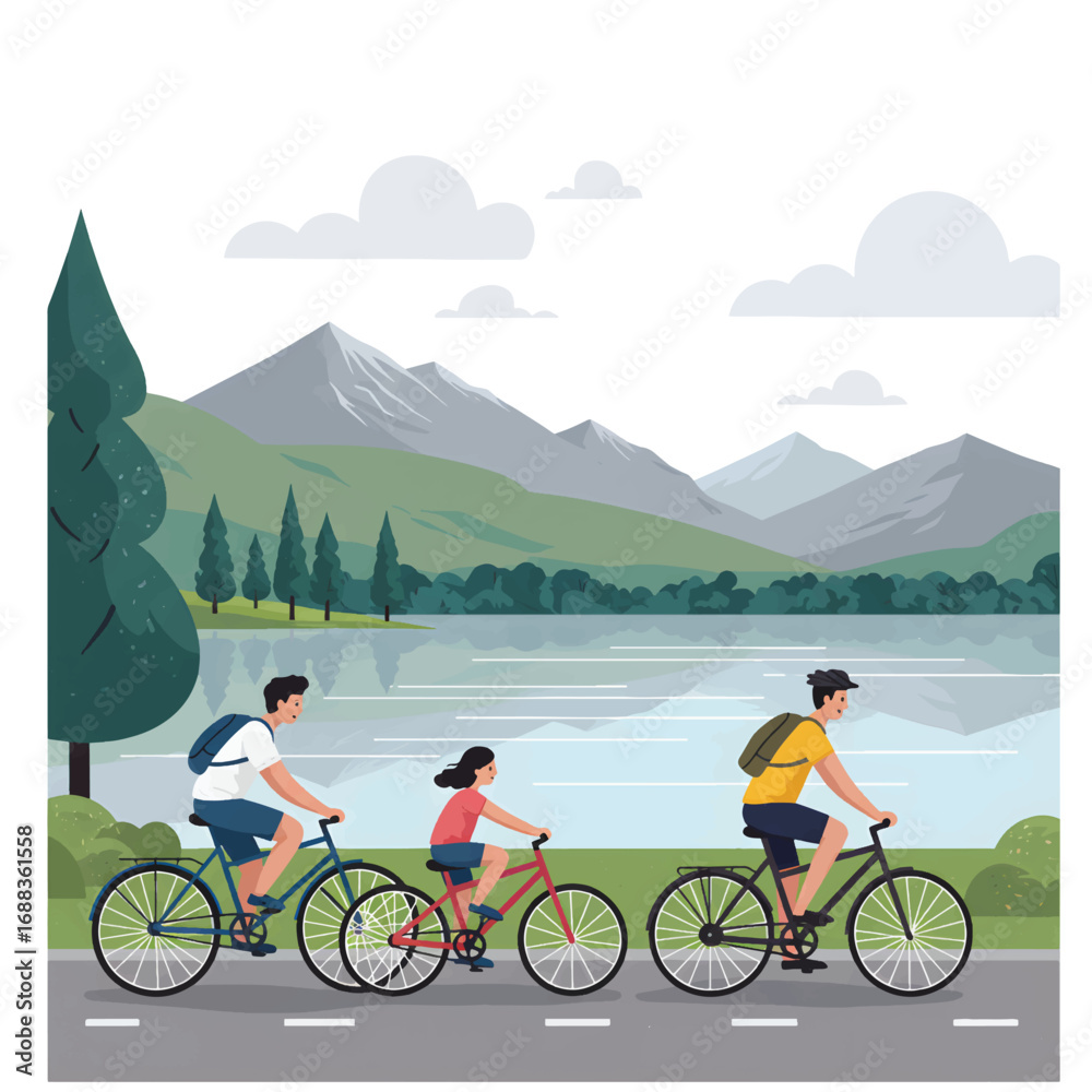 Fototapeta premium Family cycling adventure by the lake with mountains in the background.
