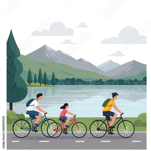 Family cycling adventure by the lake with mountains in the background.