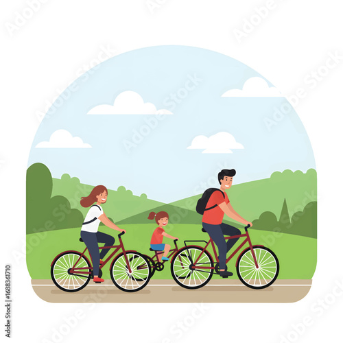 Family Cycling Together in a Park on a Sunny Day.