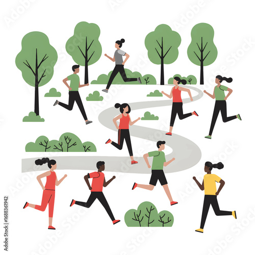Group of diverse people running in a park on a sunny day.