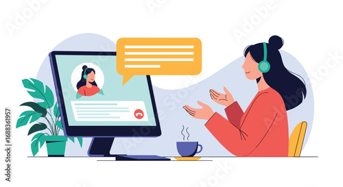 Customer service representative communicating with a client via video call on a computer screen with a steaming cup of coffee and a plant on the desk