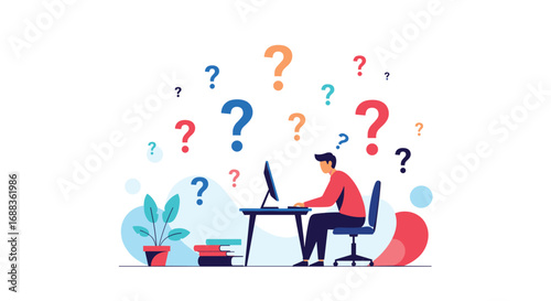 Man sitting at desk with computer surrounded by many question marks illustrating confusion and uncertainty