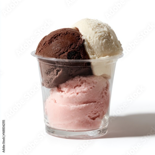 A clear plastic cup holds stacked scoops of chocolate, vanilla and strawberry ice cream, lit to show detail on each flavor