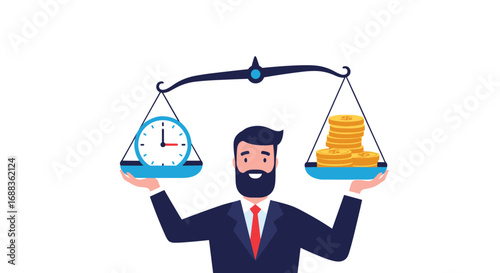 Man balancing time and money on scales financial planning business concept