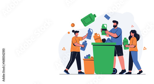 People sorting plastic bottles into recycling bins for a cleaner environment and sustainable future