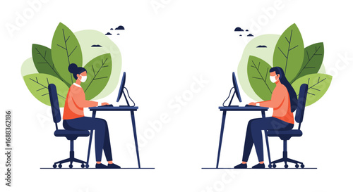 Two women working remotely at desks wearing masks surrounded by green leaves