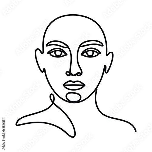 Minimalist continuous line drawing of a bald person s face and shoulders
