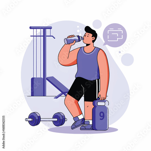 Man drinking water after workout in gym with equipment.