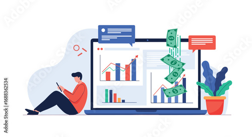 Digital investment growth analysis app demonstrating financial business charts and money flow