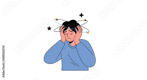 Person experiencing dizziness with spinning sensation and stars around head medical illustration
