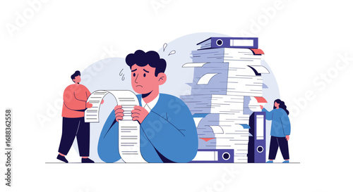 Overwhelmed person drowning in paperwork struggling with mountains of documents and files
