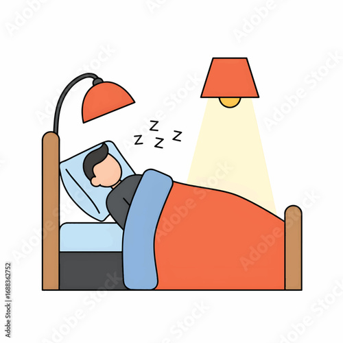 Man Sleeping Peacefully in Bed Under a Lamp.