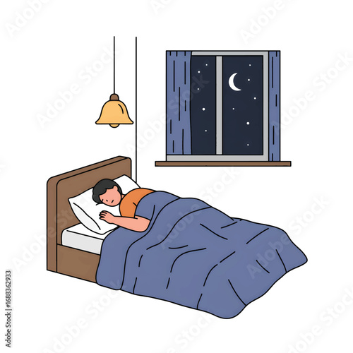 Person sleeping peacefully in bed at night under a starry sky.