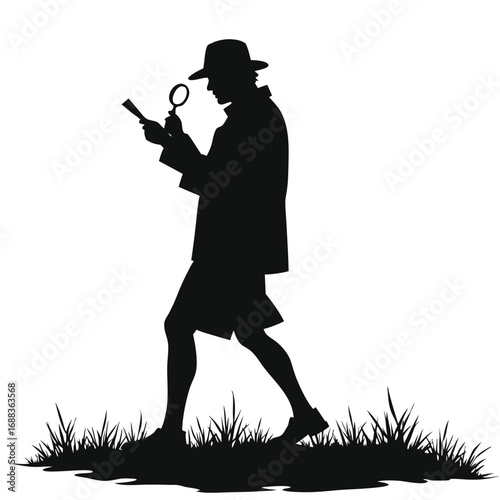 Silhouette of a detective examining a document with a magnifying glass