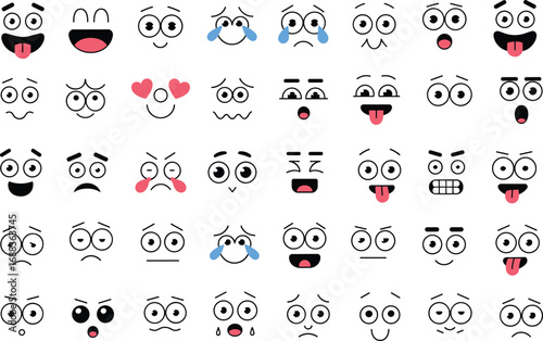 Cartoon facial expressions pack, funny emoji faces, cute expressive eyes and mouth, emotion icons, vector character face set.