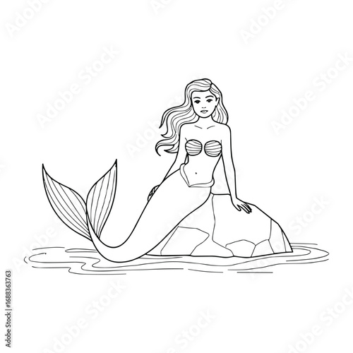 Whimsical line drawing of a mermaid wearing a hockey jersey sitting on a rock