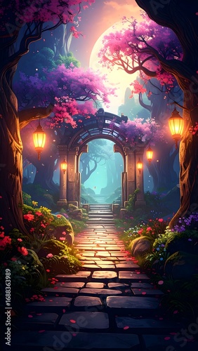 Magical forest path under moonlight