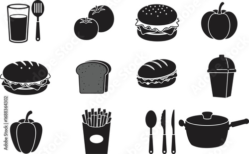 Food and kitchen icon set with burger, fries, bread, vegetables, drink, cooking pot, cutlery, restaurant menu and nutrition design