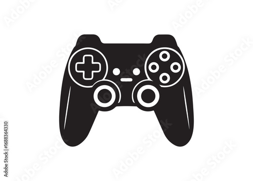 Silhouette of gaming joystick, black vector illustration of game controller icon isolated on white background.