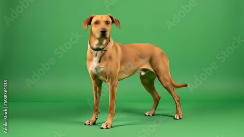 A tan dog stands still, looking around on a green screen.