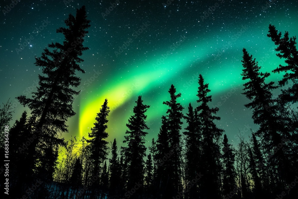 Fototapeta premium Northern lights glowing over pine forest at night