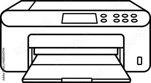 A black and white line drawing of a modern inkjet printer with its paper output tray extended.