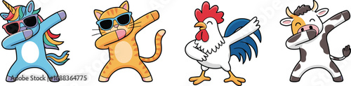 Cute cartoon dabbing unicorn, cat, rooster, and cow wearing sunglasses, playful animal characters in dabbing dance pose isolated
