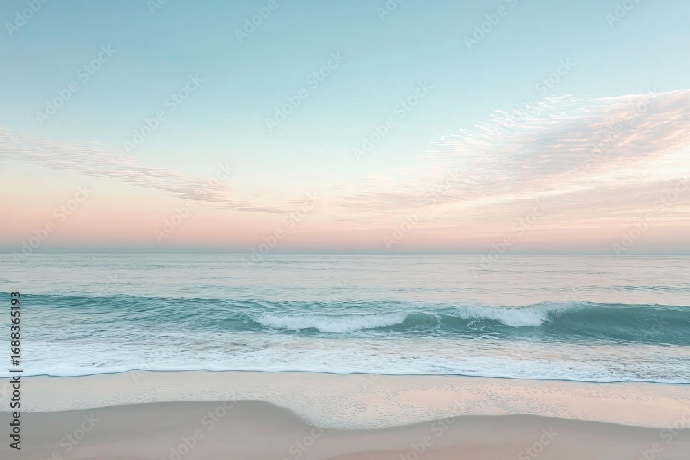 Obraz premium Calm beach waves at pastel sunset sky