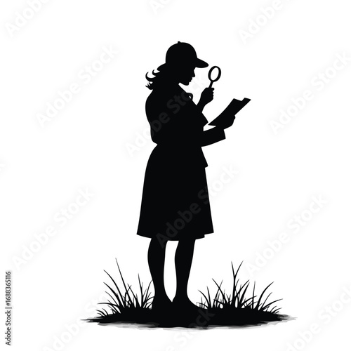 Silhouette of a woman detective with magnifying glass and notepad