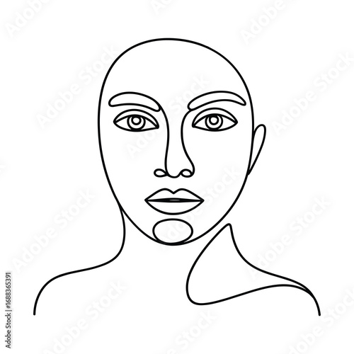 Minimalist continuous line drawing of a bald person s face and shoulders