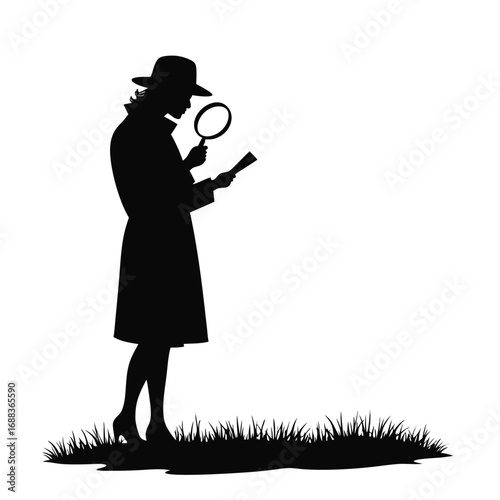 Silhouette of a woman in a trench coat and hat examining a document with a magnifying glass