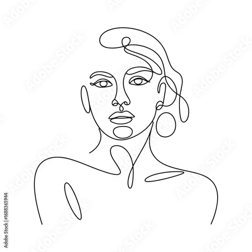 Elegant single line drawing of a woman s face and shoulders with bold earrings