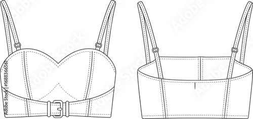 Fashionable women's bralette technical flat sketch, stylish lingerie design, trendy undergarment template, adjustable straps, modern bra pattern illustration.