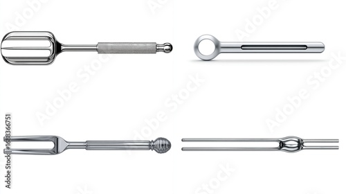 Wallpaper Mural Four close-up views of sleek, metallic kitchen utensils; a whisk, a long narrow tool, a two-pronged fork, and slender tongs, all with smooth, polished surfaces Torontodigital.ca