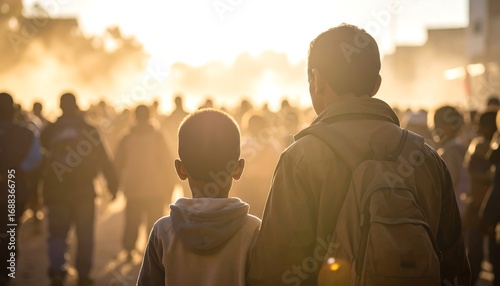 Walking Through Dusty City Street with Crowd and Young Boy