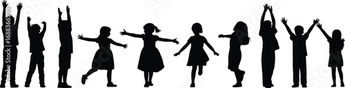 Happy children silhouettes, kids jumping, playing and dancing, group of boys and girls, black figures, childhood joy, isolated on white.