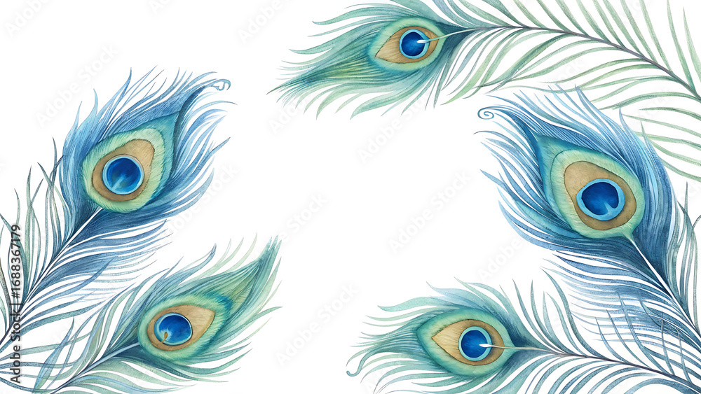 Obraz premium Elegant Watercolor Frame Border Featuring Blue Peacock Feathers in a Tropical Setting