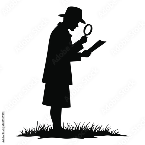 Silhouette of detective examining document with magnifying glass