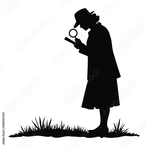 Silhouette of detective examining document with magnifying glass